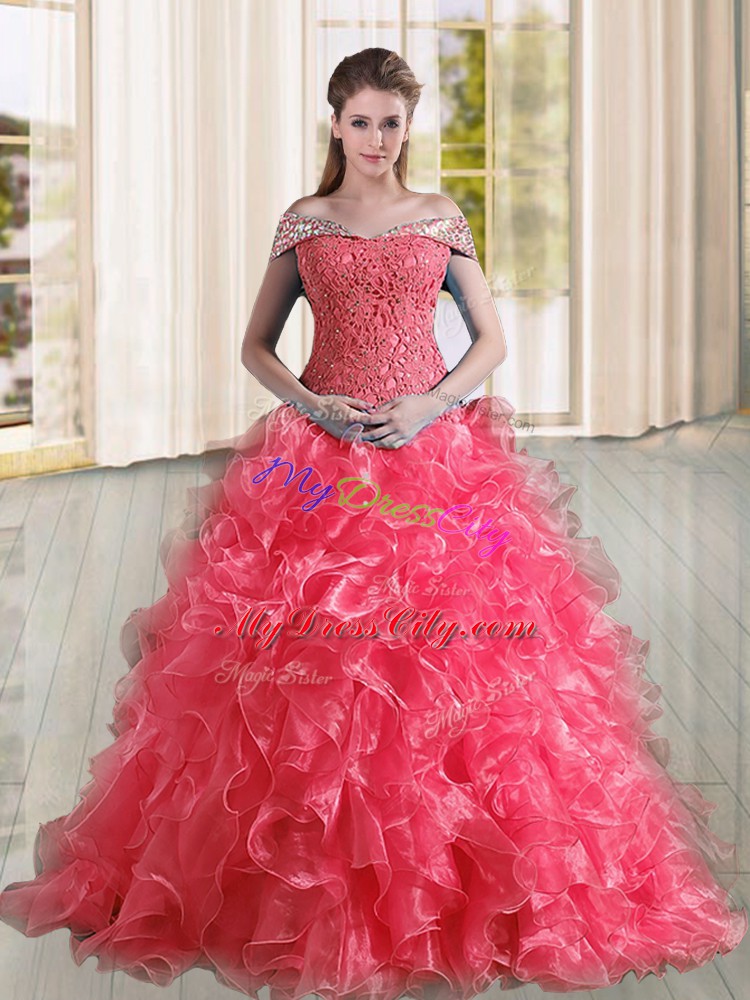 Coral Red Off The Shoulder Neckline Beading and Lace and Ruffles Sweet 16 Dress Sleeveless Lace Up