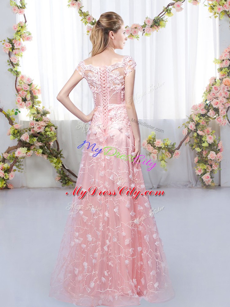 Shining Pink Off The Shoulder Lace Up Appliques Quinceanera Dama Dress Cap Sleeves