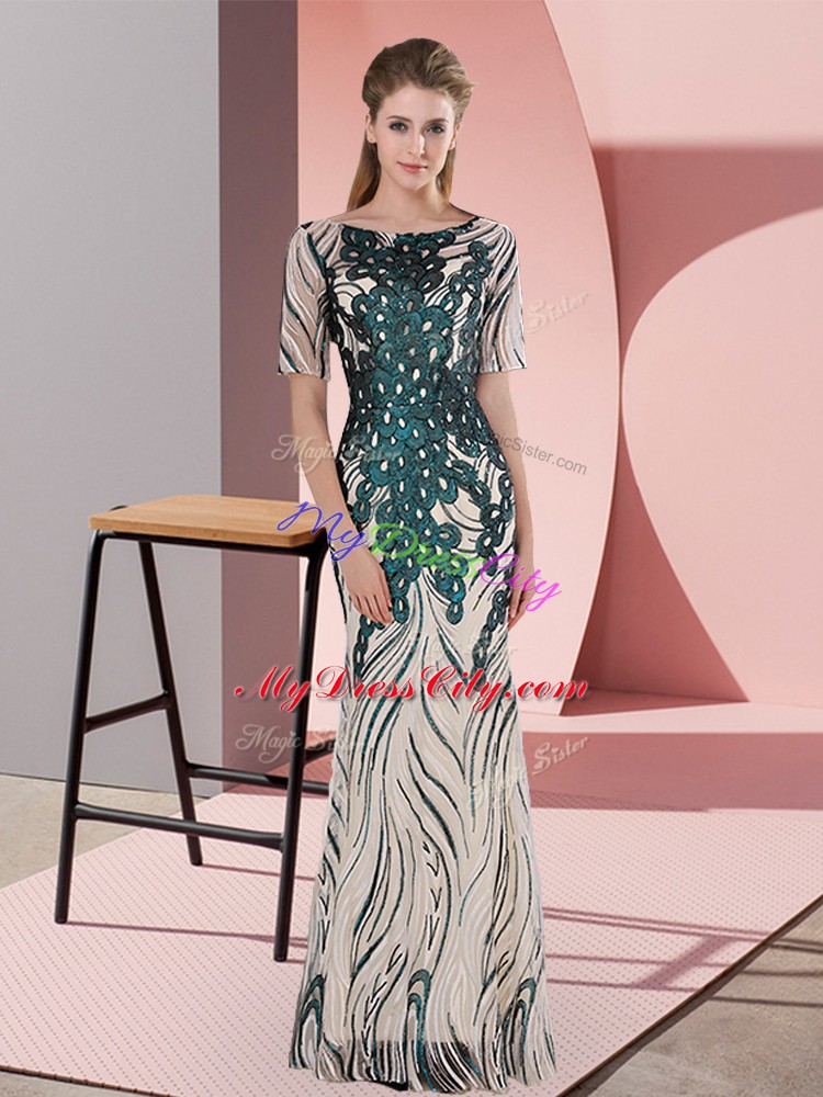 Edgy Green Mermaid Scoop Half Sleeves Floor Length Zipper Sequins Dress for Prom