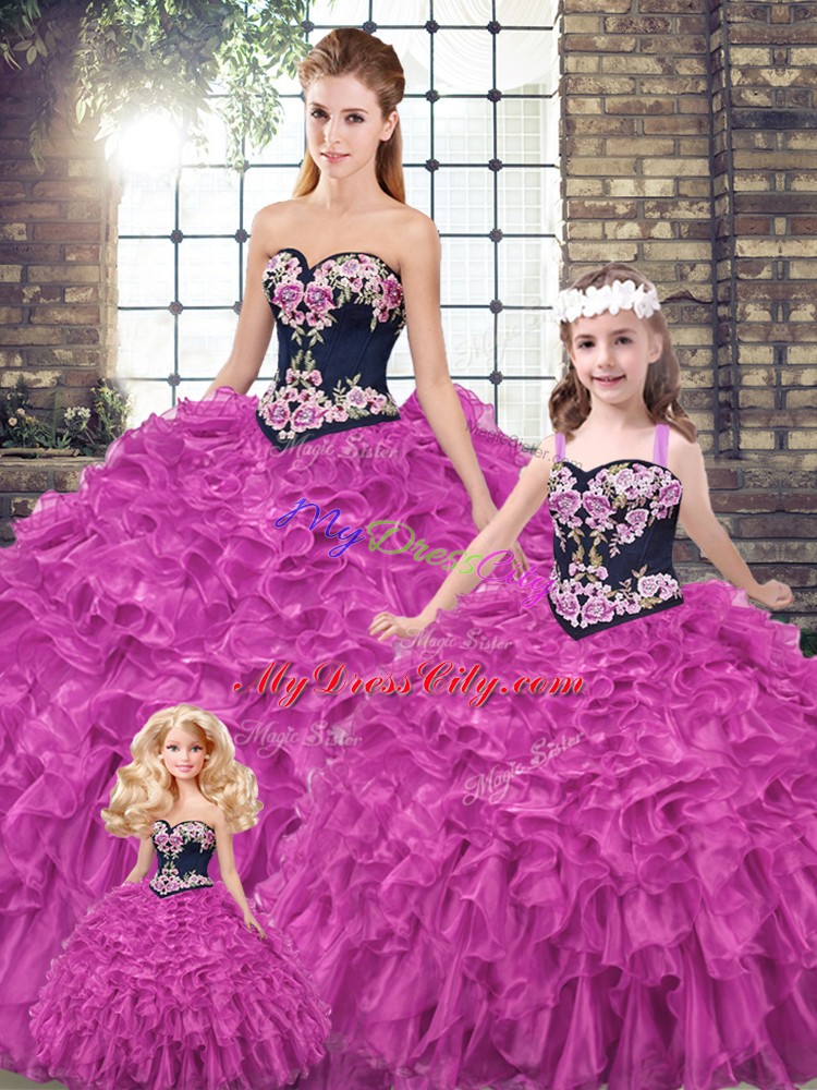 Fuchsia Ball Gowns Embroidery and Ruffles Sweet 16 Dress Lace Up Organza Sleeveless
