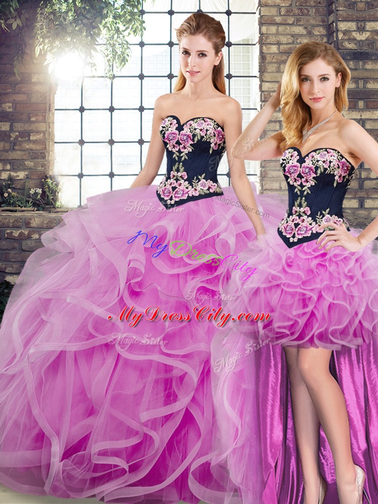 Lilac Ball Gowns Embroidery and Ruffles Sweet 16 Dress Lace Up Tulle Sleeveless