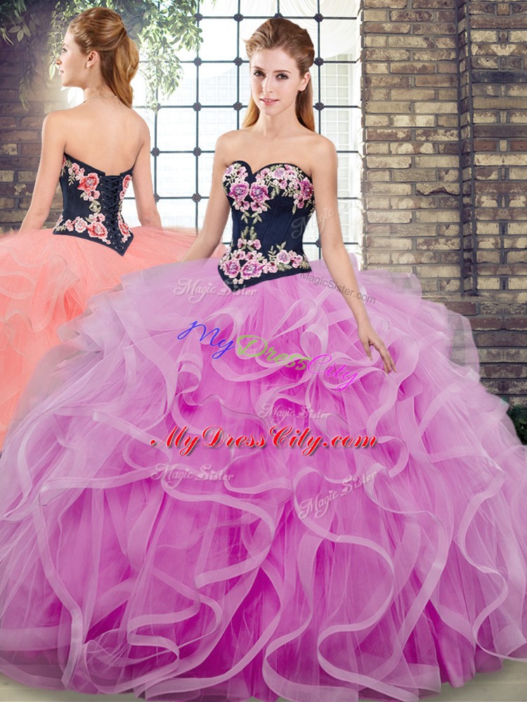 Lilac Ball Gowns Embroidery and Ruffles Sweet 16 Dress Lace Up Tulle Sleeveless