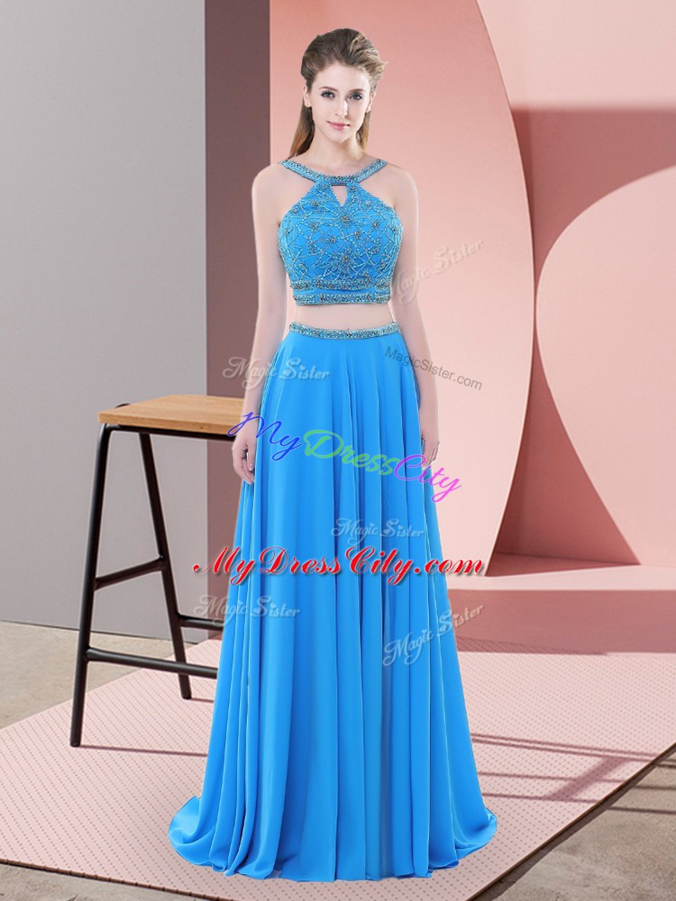 Blue Sleeveless Sweep Train Beading Prom Gown