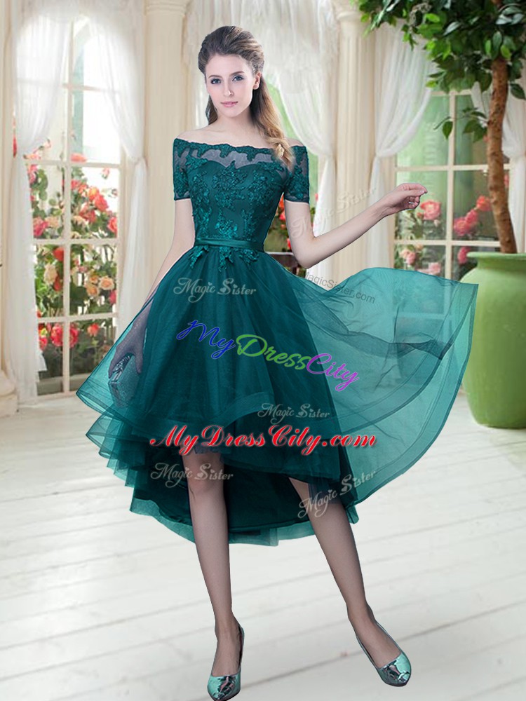 A-line Peacock Green Off The Shoulder Tulle Short Sleeves High Low Lace Up