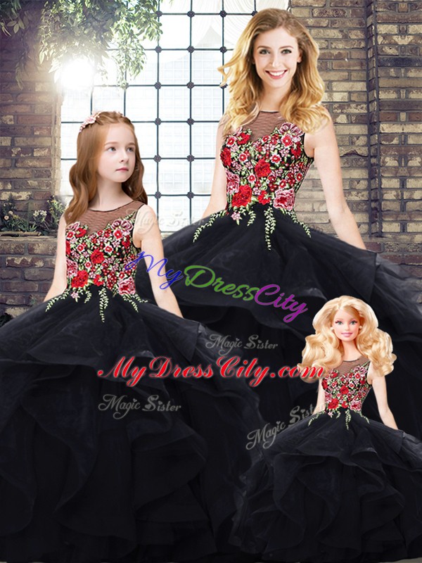 Custom Made Floor Length Black Sweet 16 Dress Bateau Sleeveless Lace Up