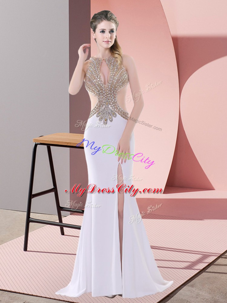 Traditional Scoop Sleeveless Chiffon Dress for Prom Beading and Lace Sweep Train Lace Up