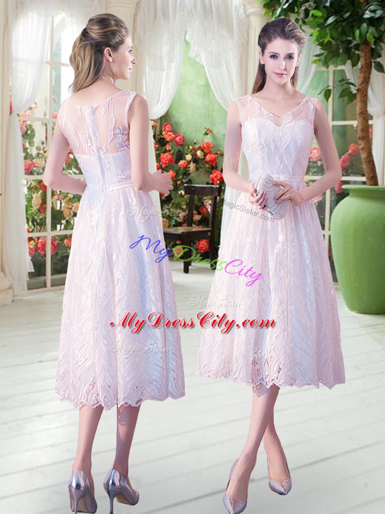 White V-neck Neckline Lace Dress for Prom Sleeveless Zipper