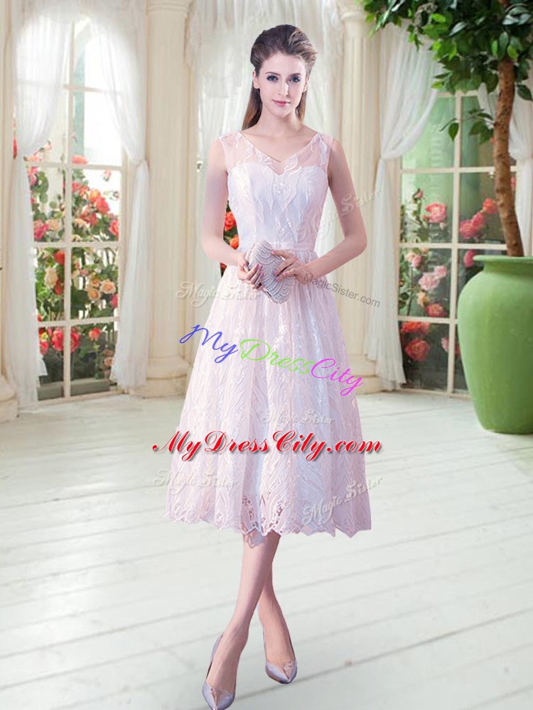White V-neck Neckline Lace Dress for Prom Sleeveless Zipper