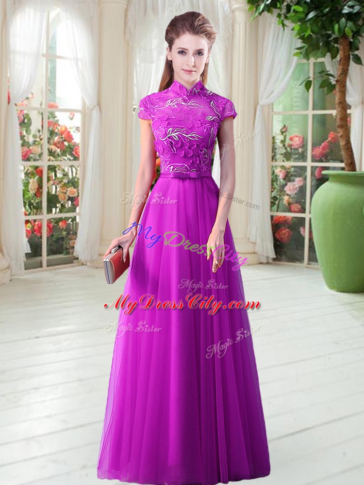 Purple A-line Tulle High-neck Cap Sleeves Appliques and Belt Floor Length Lace Up Homecoming Dress