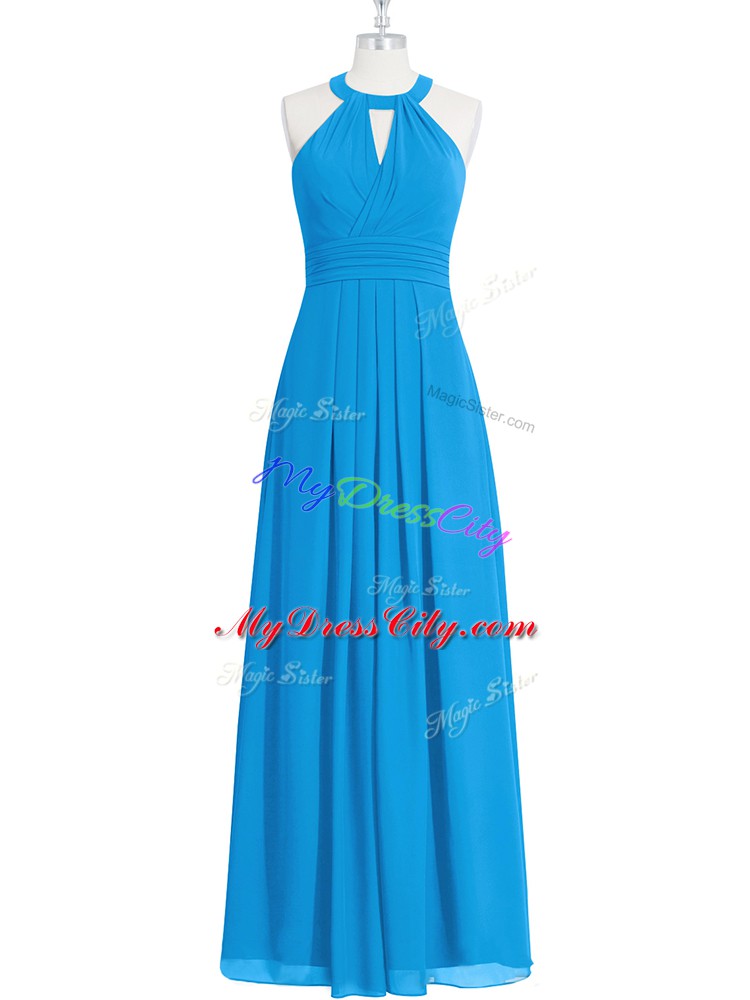 Floor Length Blue Prom Party Dress Halter Top Sleeveless Zipper
