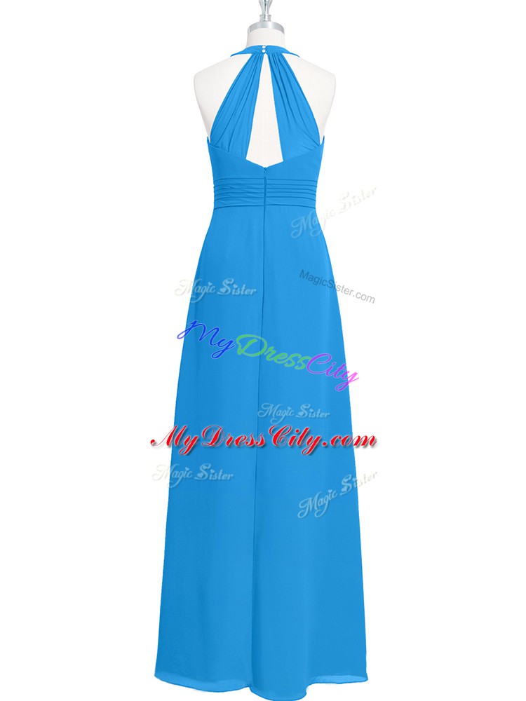 Floor Length Blue Prom Party Dress Halter Top Sleeveless Zipper