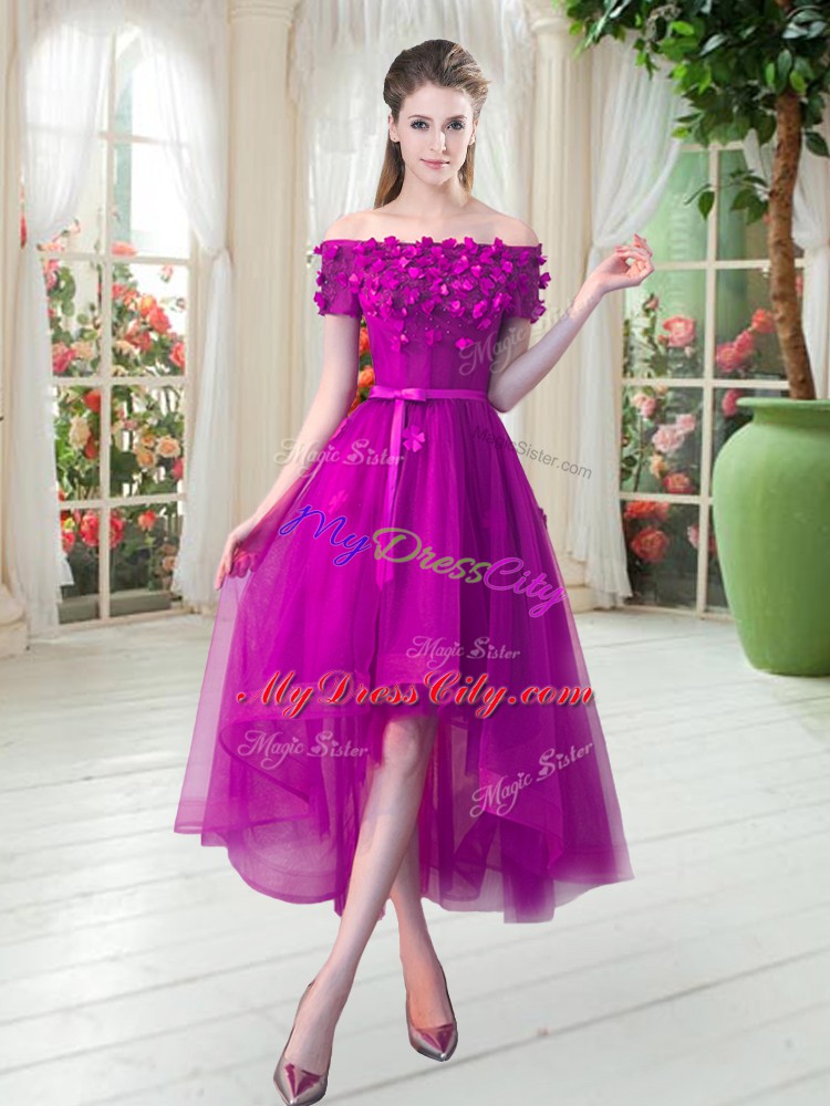 High Quality High Low A-line Short Sleeves Fuchsia Homecoming Dress Lace Up