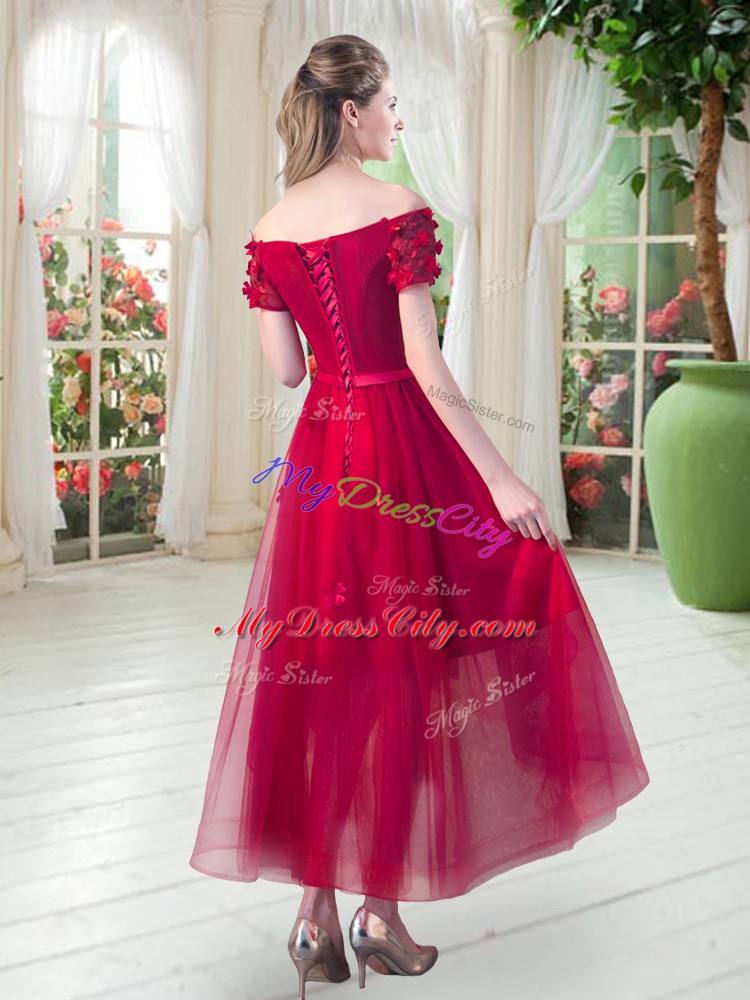 High Quality High Low A-line Short Sleeves Fuchsia Homecoming Dress Lace Up