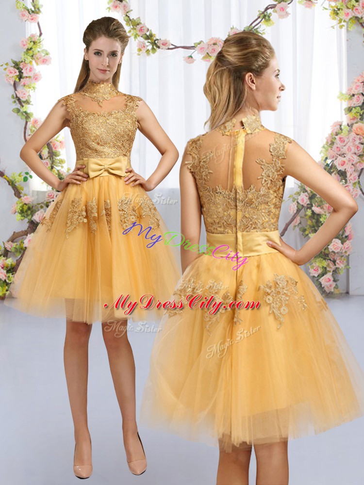 Amazing Knee Length Gold Wedding Guest Dresses Tulle Cap Sleeves Lace