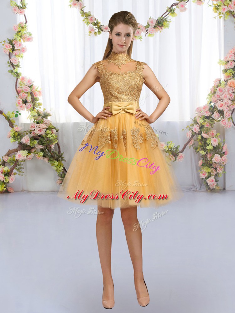 Amazing Knee Length Gold Wedding Guest Dresses Tulle Cap Sleeves Lace