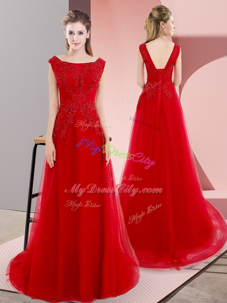 Red Tulle Lace Up Bateau Sleeveless Dress for Prom Sweep Train Beading and Appliques