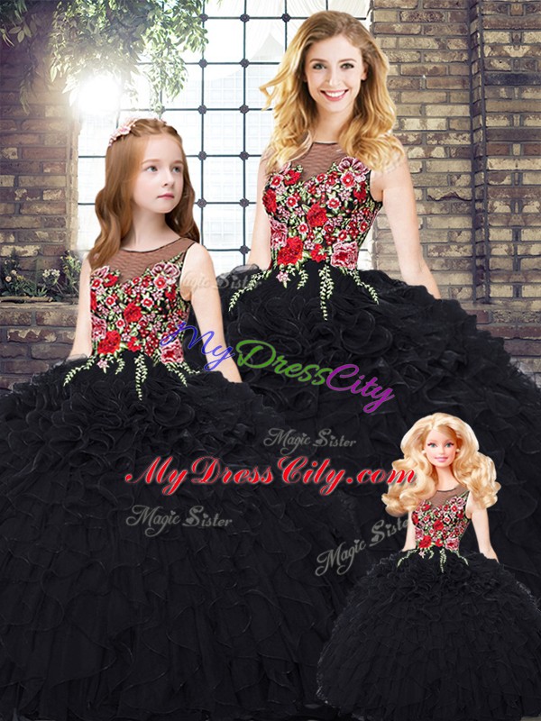 Black Ball Gowns Scoop Sleeveless Organza Floor Length Zipper Embroidery and Ruffles Quinceanera Dresses