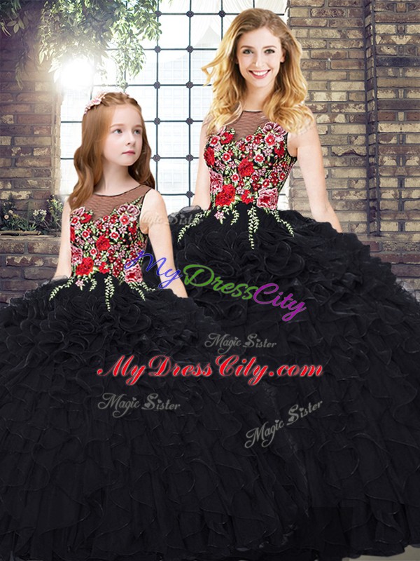 Black Ball Gowns Scoop Sleeveless Organza Floor Length Zipper Embroidery and Ruffles Quinceanera Dresses