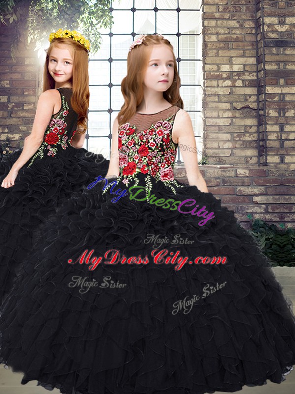 Black Ball Gowns Scoop Sleeveless Organza Floor Length Zipper Embroidery and Ruffles Quinceanera Dresses