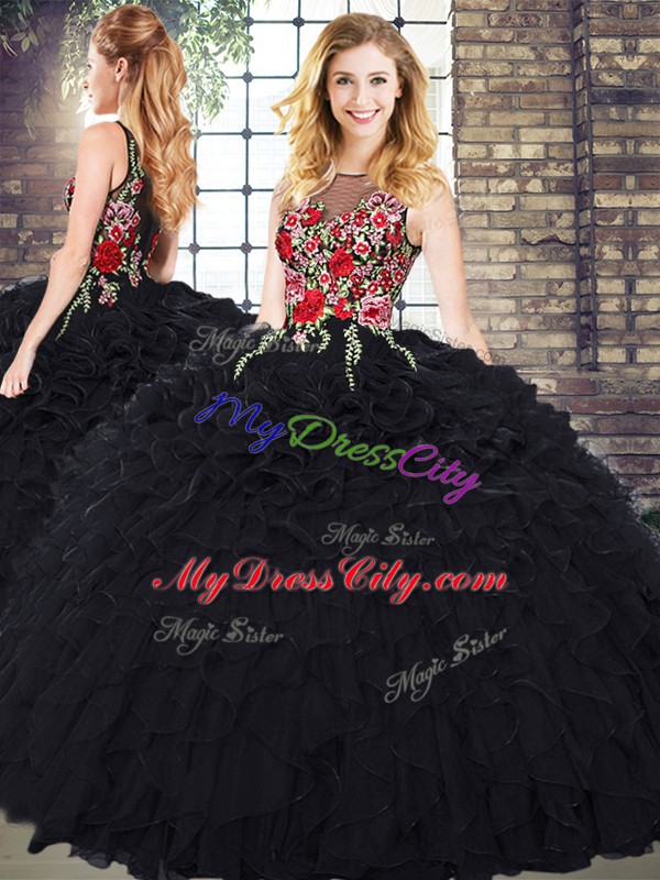 Black Ball Gowns Scoop Sleeveless Organza Floor Length Zipper Embroidery and Ruffles Quinceanera Dresses