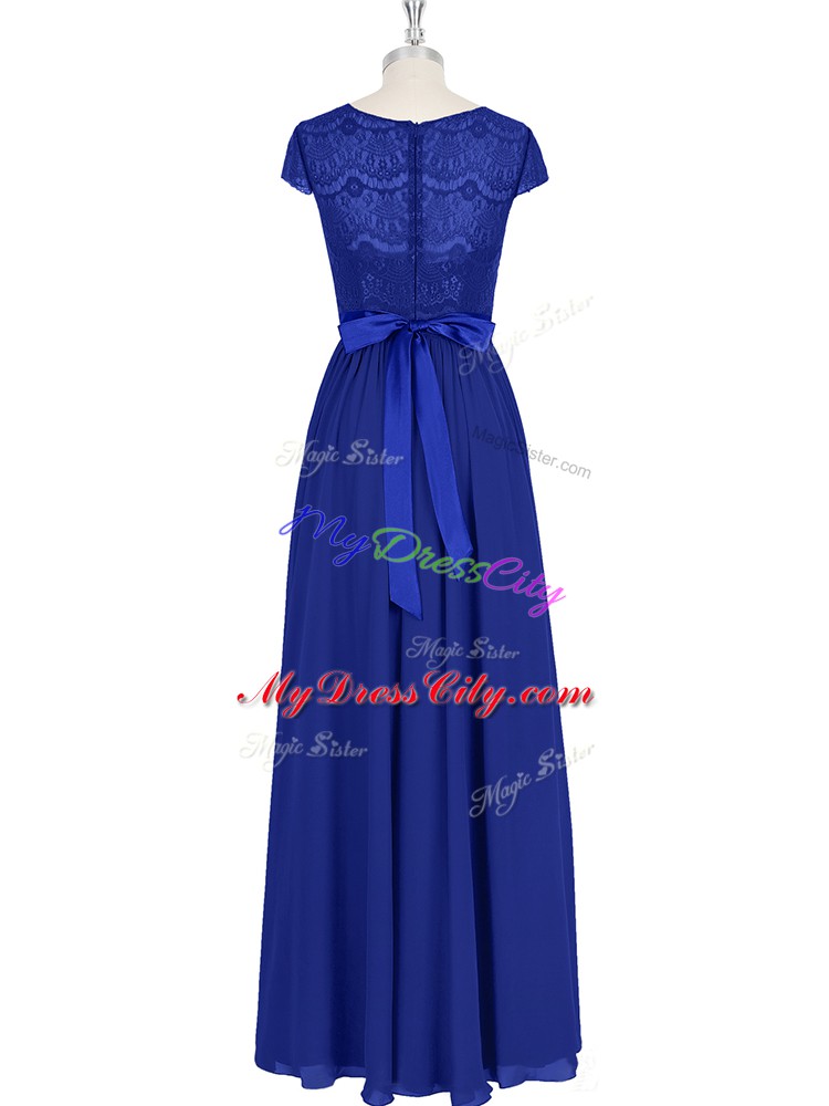Sophisticated Floor Length Royal Blue Prom Gown Scoop Cap Sleeves Zipper