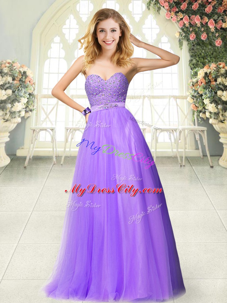 Lavender A-line Sweetheart Sleeveless Tulle Floor Length Zipper Beading and Lace Prom Party Dress