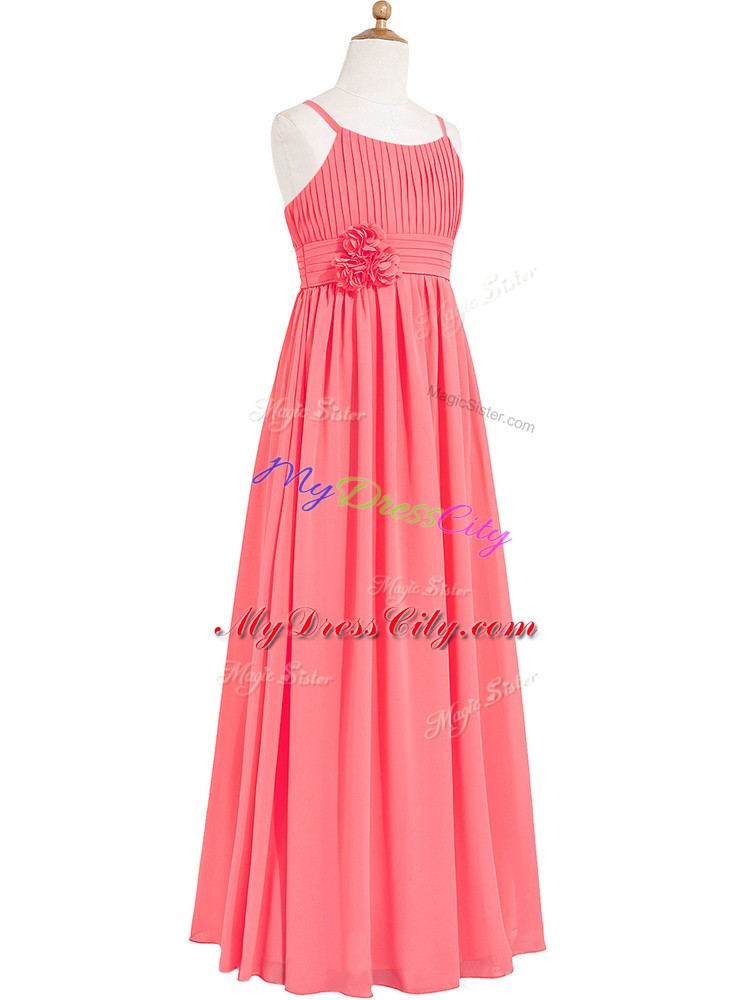 Chiffon Sleeveless Floor Length Dress for Prom and Pleated and Hand Made Flower