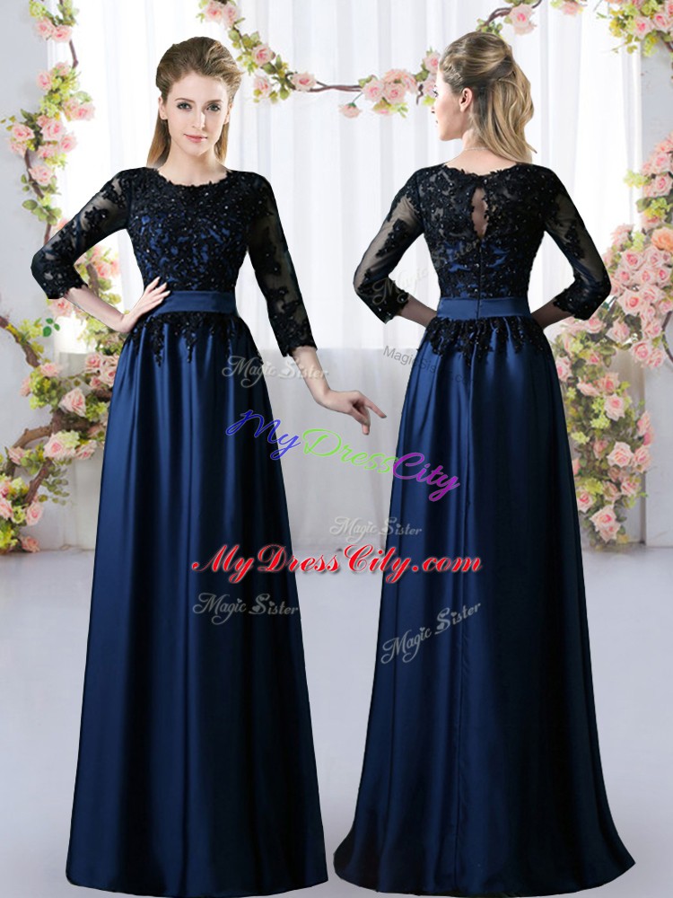 Navy Blue 3 4 Length Sleeve Satin Zipper Dama Dress for Quinceanera for Prom and Party and Wedding Party
