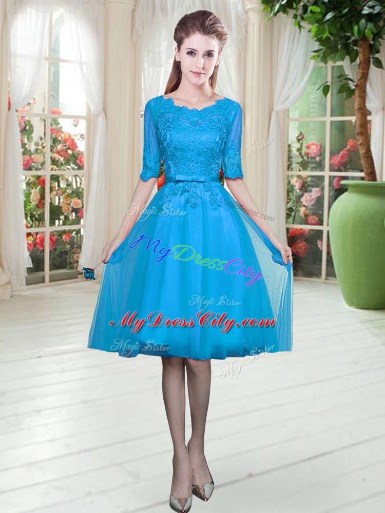 Unique Blue Tulle Lace Up Scoop Half Sleeves Knee Length Prom Party Dress Lace