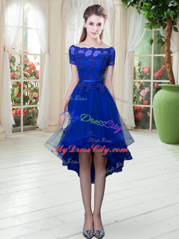 Shining Short Sleeves Appliques Lace Up Prom Gown