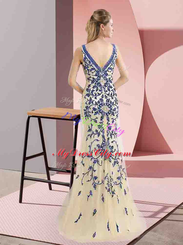 Colorful Floor Length Champagne Evening Dress V-neck Sleeveless Zipper