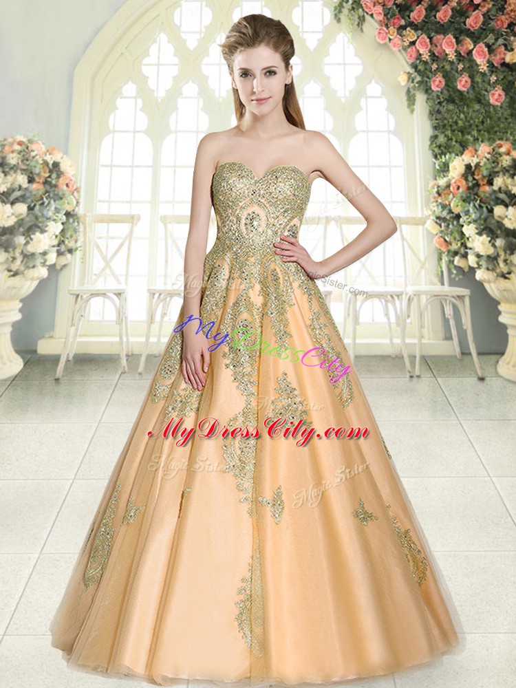 Glamorous Peach Sleeveless Floor Length Appliques Lace Up Prom Party Dress