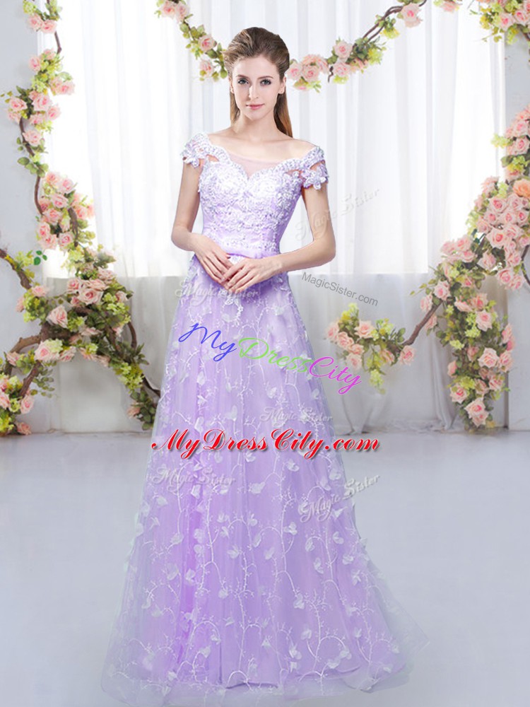 Floor Length Lavender Quinceanera Dama Dress Tulle Cap Sleeves Appliques