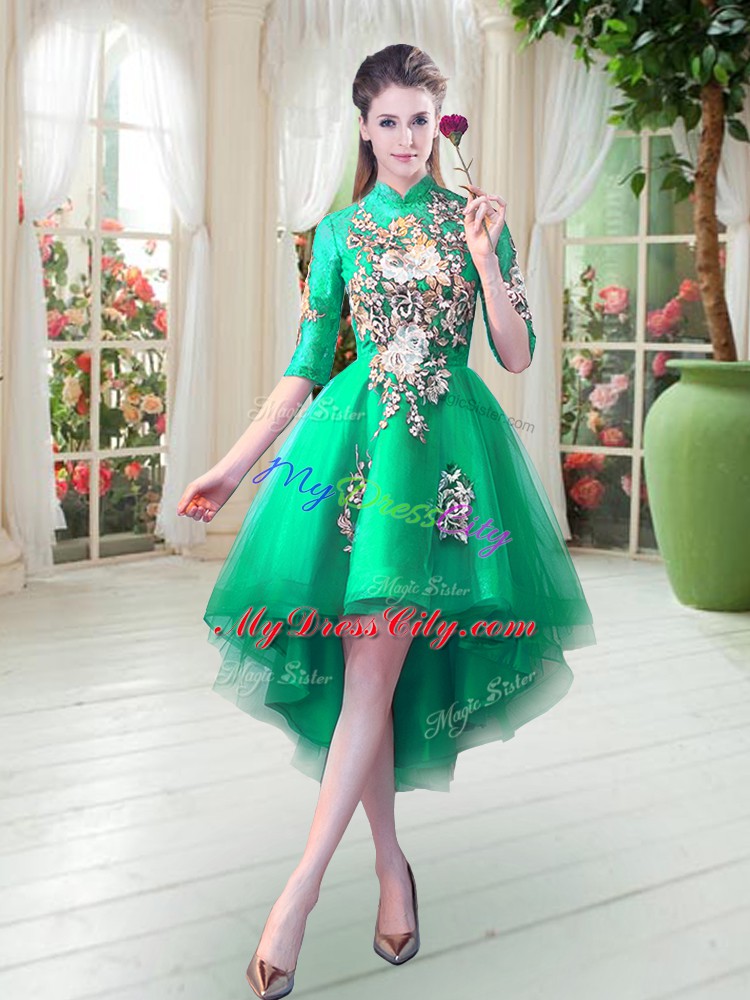 Turquoise Prom and Party with Appliques High-neck Half Sleeves Zipper
