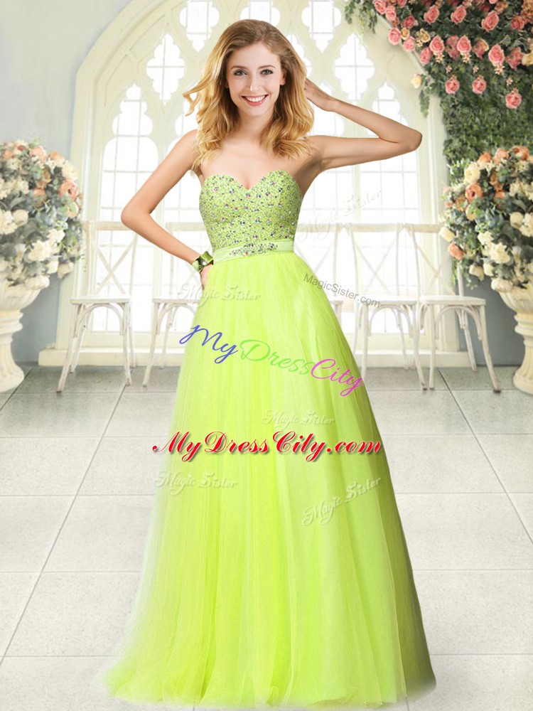 Floor Length Yellow Green Tulle Sleeveless Beading