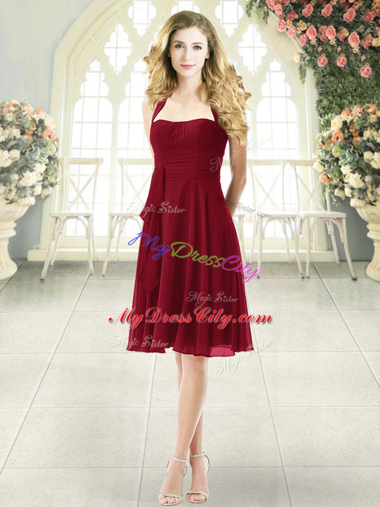 Burgundy Chiffon Zipper Prom Evening Gown Sleeveless Knee Length Ruching