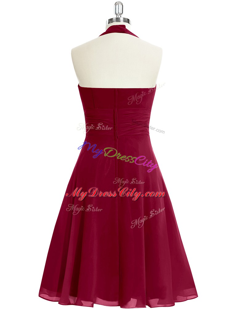 Burgundy Chiffon Zipper Prom Evening Gown Sleeveless Knee Length Ruching