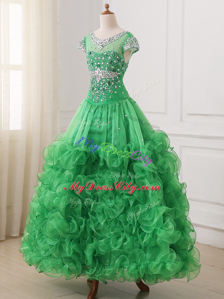 Cheap Cap Sleeves Organza Floor Length Lace Up Custom Made Pageant Dress in Green with Beading and Ruffles