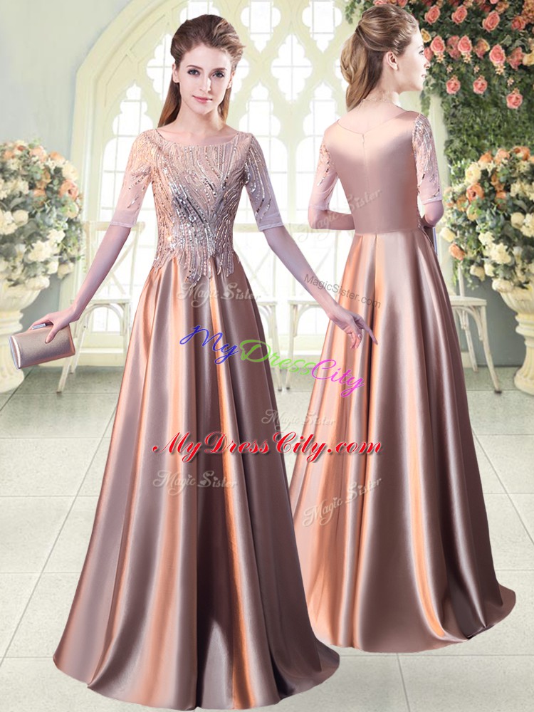 Popular Half Sleeves Floor Length Sequins Zipper Homecoming Dress with Pink