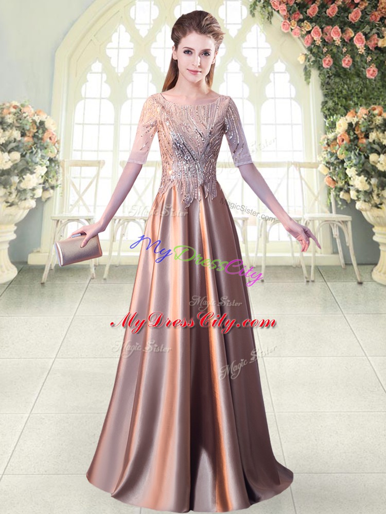 Popular Half Sleeves Floor Length Sequins Zipper Homecoming Dress with Pink