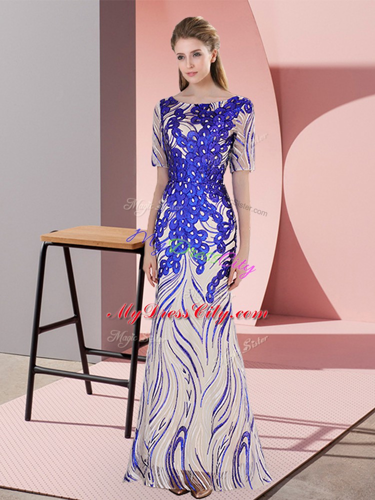 Royal Blue Zipper Evening Dress Half Sleeves Floor Length Appliques and Sequins