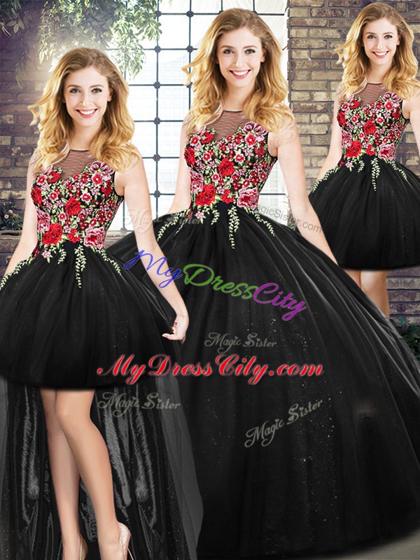 Ideal Black Ball Gowns Scoop Sleeveless Floor Length Zipper Embroidery Quinceanera Gowns
