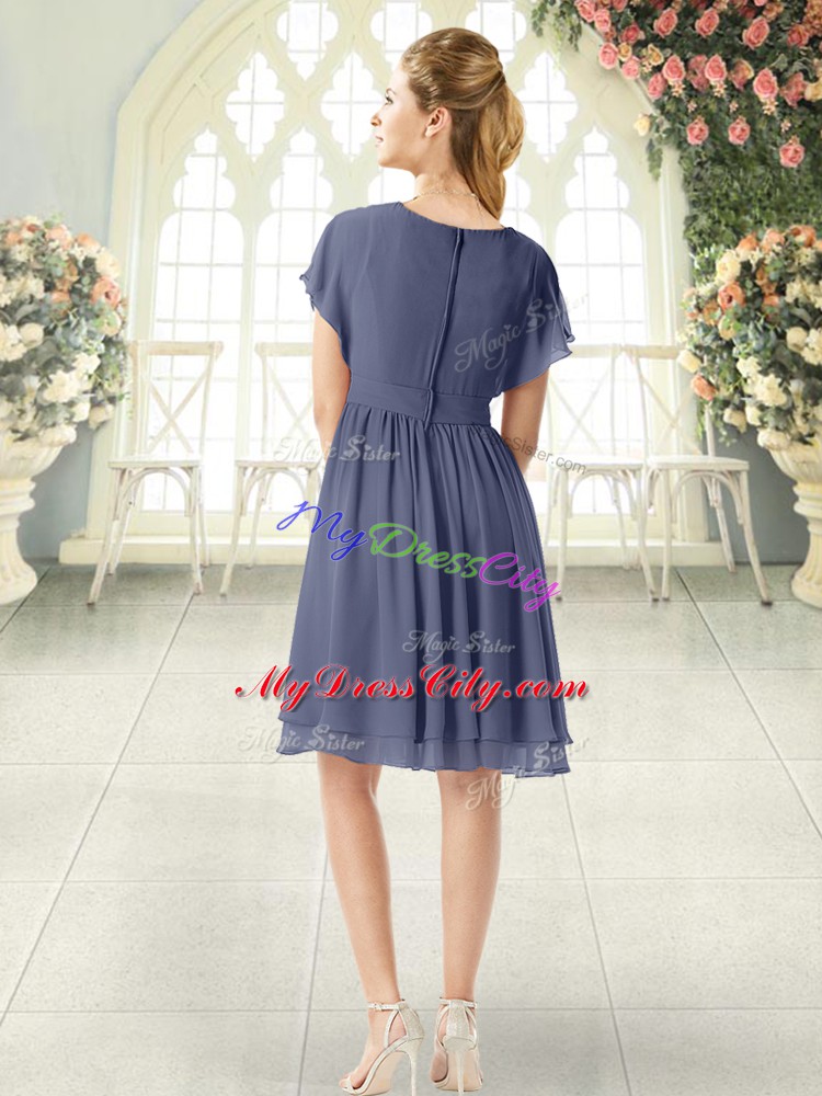 Fantastic Knee Length Blue Prom Dresses Scoop Short Sleeves Zipper