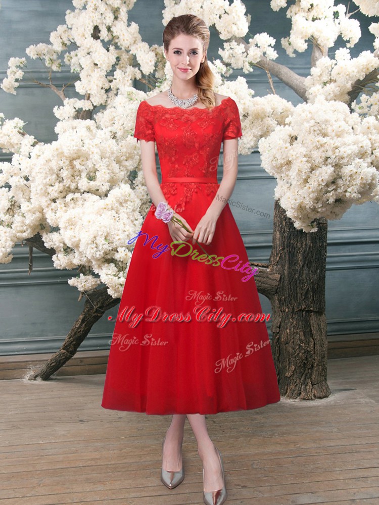 Admirable Red Tulle Lace Up Off The Shoulder Short Sleeves Tea Length Prom Dresses Lace