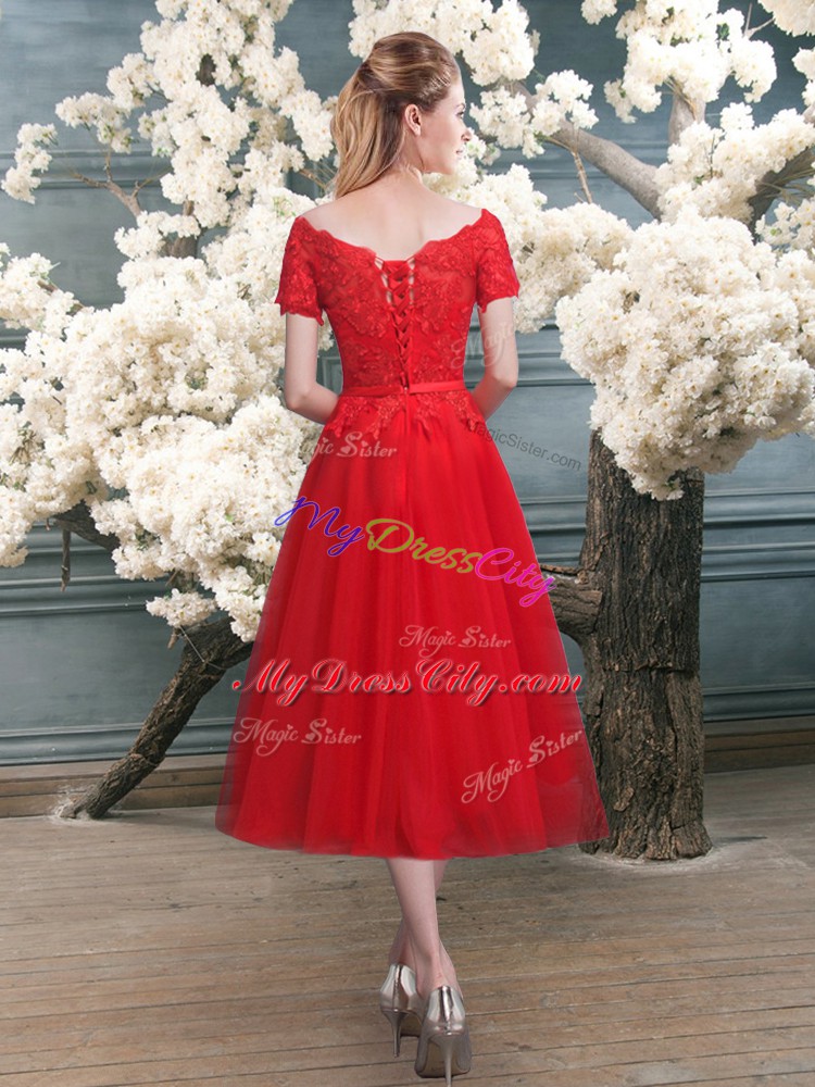 Admirable Red Tulle Lace Up Off The Shoulder Short Sleeves Tea Length Prom Dresses Lace