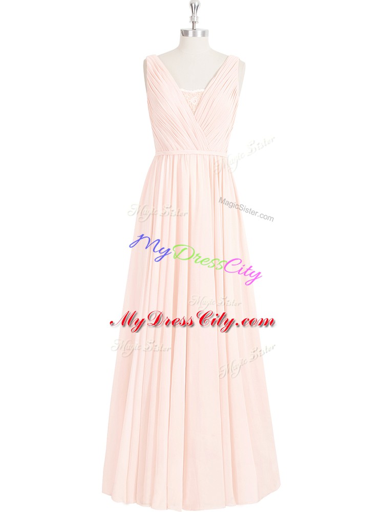 Elegant Floor Length Pink Dress for Prom V-neck Sleeveless Zipper