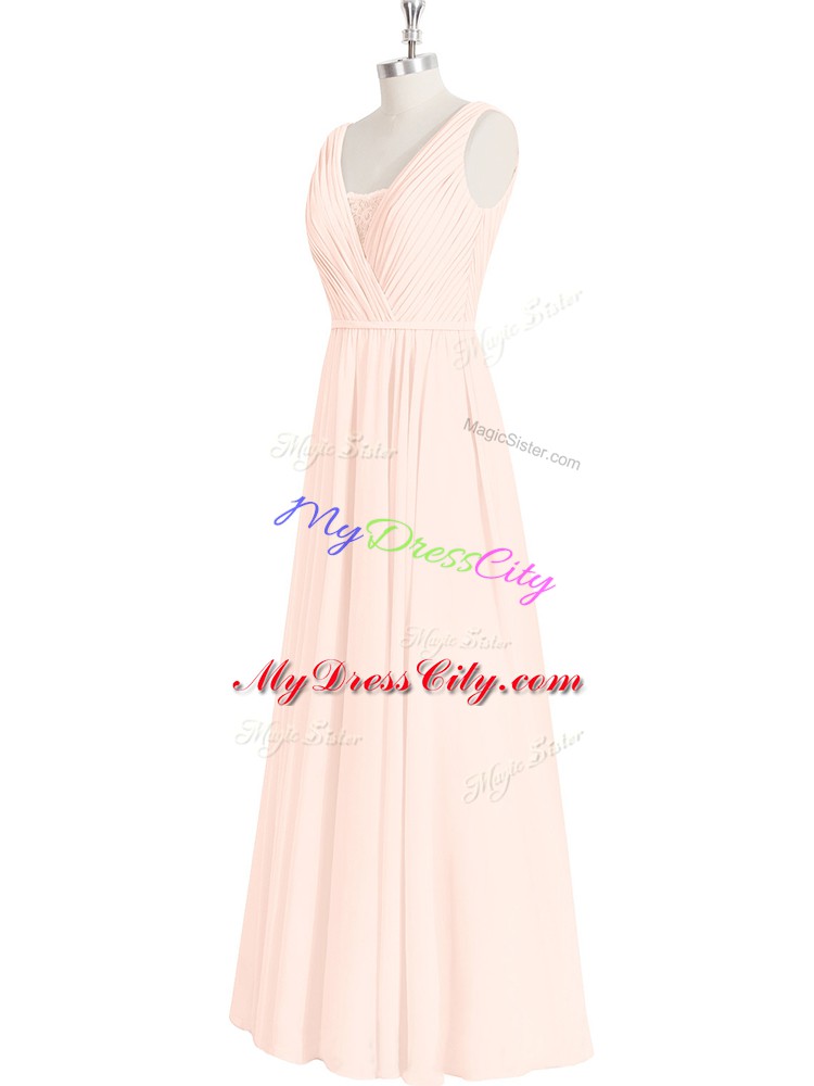 Elegant Floor Length Pink Dress for Prom V-neck Sleeveless Zipper