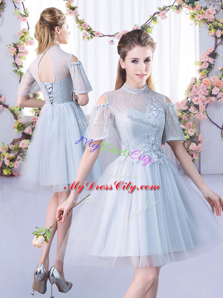 Mini Length Lace Up Dama Dress for Quinceanera Grey for Prom and Party and Wedding Party with Lace