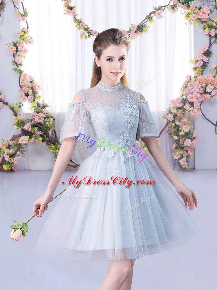 Mini Length Lace Up Dama Dress for Quinceanera Grey for Prom and Party and Wedding Party with Lace