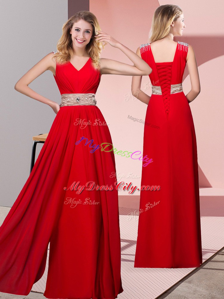 Customized Floor Length Red Dress for Prom Chiffon Sleeveless Beading